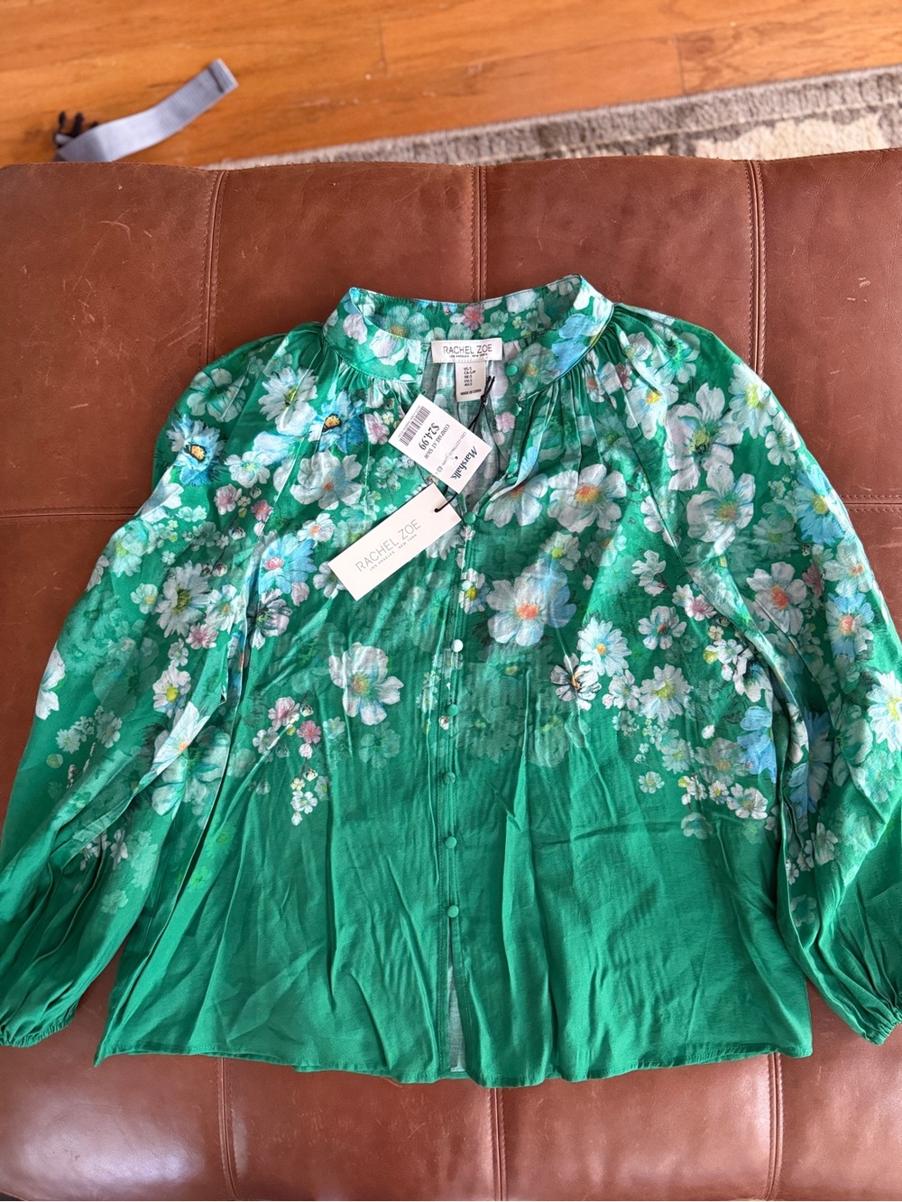 Rachel Zoe Emerald Green Floral Button-Front Blouse